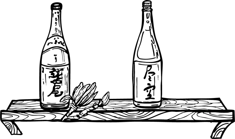 Line drawing of sake bottles on a shelf